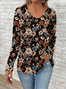 EMERY ROSE Áo thun tay dài in họa tiết hoa cổ điển, dáng rộng, cỡ lớn dành cho nữ, phù hợp cho mùa xuân và mùa thu - Nhiều màu - Xem 5