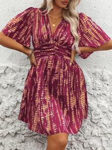 EMERY ROSE Plus Size V-Neck Short Sleeve Minimalist Casual Dress - Red Violet - View 5
