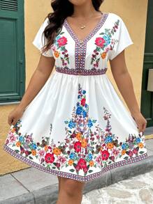 SHEIN VCAY 大码花卉印花 V 领蝙蝠袖休闲连衣裙 女士春季连衣裙 女士春季连衣裙 女士太阳裙 度假连衣裙 女士夏季度假服装 女士春季西部生日服装 波西米亚风女装 狂欢老钱外出服装 女士教师服装 女士早午餐服装 仙女风海滩度假 海滩度假优雅商务休闲装 仙女风可爱乡村风 女士办公室服装 工作毕业装 婚礼宾客装 热带风情 - 彩色 - 查看 3