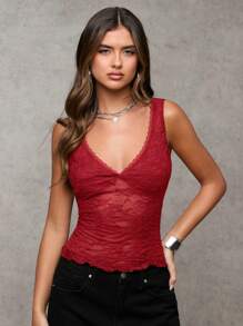 SHEIN BAE Women's Sexy Solid Color See-Through Mesh Sheer Tank Top - Red - View 6