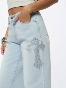 SUMWON WOMEN 十字绣水洗阔腿牛仔裤 - 淺藍色 - 查看 5