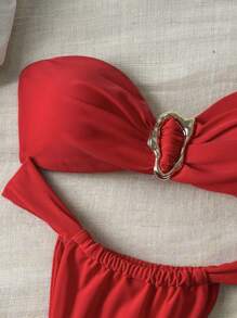 Swim Vcay 女士春假夏季纯色金属露肩抹胸上衣和丁字裤比基尼套装，性感泳装