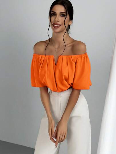 Aloruh Elegant Vacation Solid Color Off Shoulder V-Neck Cinched Waist Short Sleeve Blouse, Summer