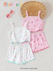 2pcs Young Girl Floral, Star & Heart Print Contrast Trim Camisole With Shorts Pajama Set, Fashionable & Simple Flared Pants Sets Summer Girl Clothes Clothes Summer Holiday Travel Releax Summer Clothes - Multicolor - View 2