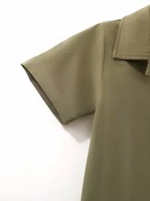 男童传统风格短袖衬衫，年轻男孩休闲复古印花衬衫服装 - 軍綠色 - 查看 4