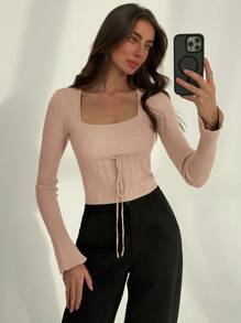 Aloruh Women Casual Solid Color Texture Patchwork Spring Sweater - Khaki - View 5