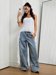 Coolane 女士夏季节日男友风垃圾摇滚运动休闲垃圾摇滚星星图案水洗牛仔裤，狂欢节阔腿牛仔裤宽松牛仔裤女士 - 藍色 - 查看 4