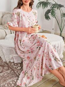 SHEIN Bubble Ruffle Hem Floral Print Long Nightgown Babydoll Luxeloungewear, Moo Moo - Multicolor - View 4