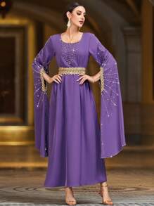 Layrah Elegant Rhinestone Embellished Purple Long Sleeve Turkish Style Dress For Party Kaftan Jalabiya Dress - Purple - View 3