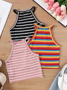 SHEIN Leap Crew 3pcs Young Girl Knit Striped Round Neck Sleeveless Fitted Casual Tank Top Set - Pink - View 2
