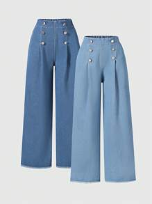 Tween Girls Double-Breasted Elastic Waist Denim Jeans