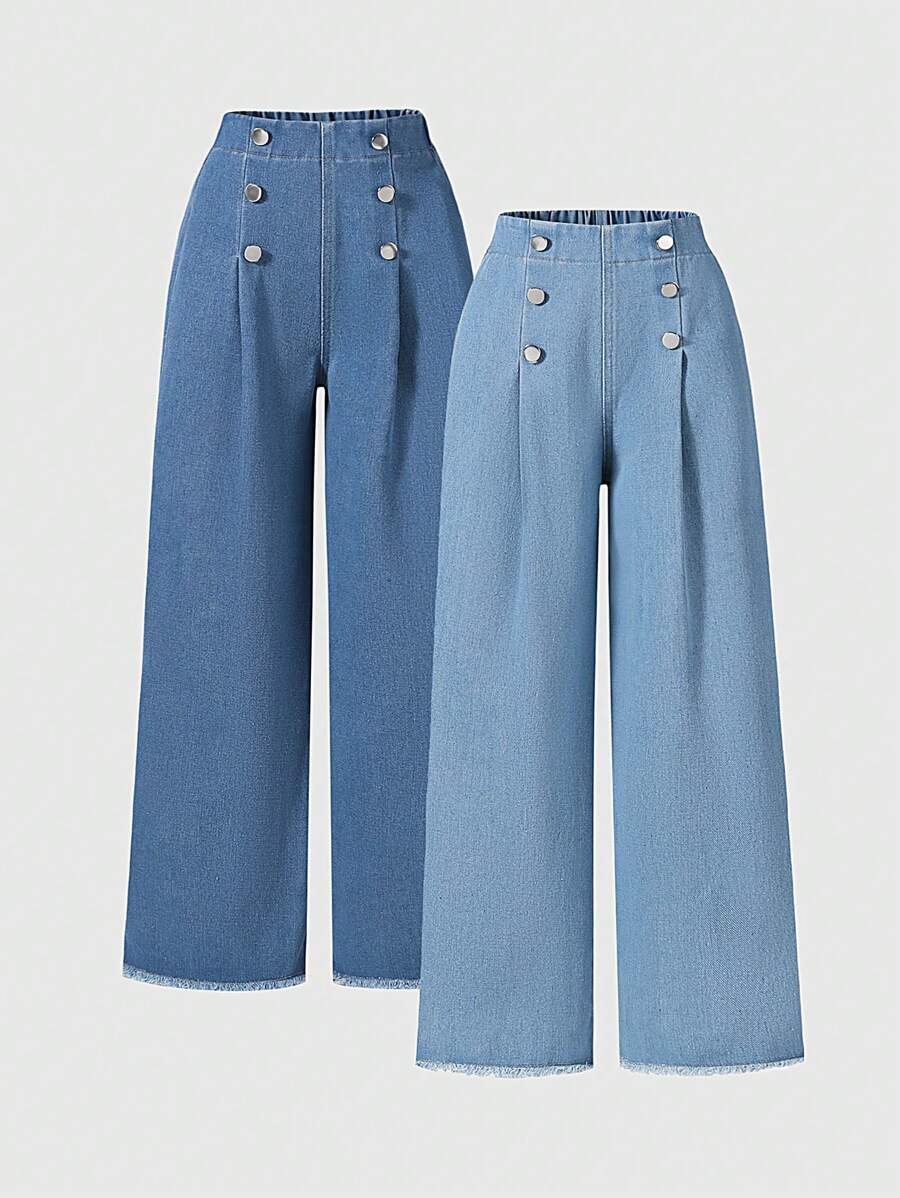 Tween Girls Double-Breasted Elastic Waist Denim Jeans