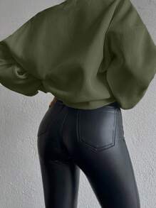 RueChic Solid Drop Shoulder Sweatshirt - Dark Green - View 2