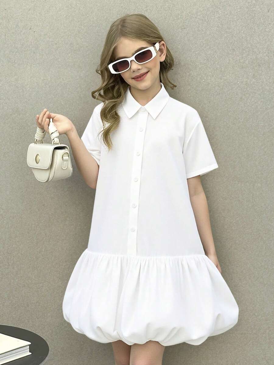 SHEIN Leap Crew 青少年女孩宽松短袖荷叶边下摆休闲衬衫裙 - 白色 - 查看 1