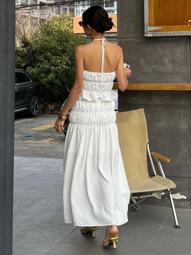 2pcs Women Vacation-Style Sleeveless Crop Top & Solid Color Skirt Set,Ruffle