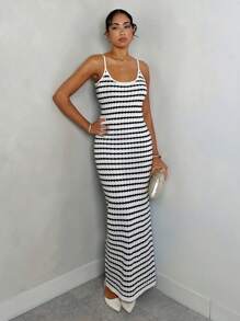 Glamine Mid-Length Black & White Stripe Camisole Knit Dress, Elegant & Charming, Spring/Summer Bodycon Dresses For Women Women Elegant Dresses Woman Dress - Black and White - View 5