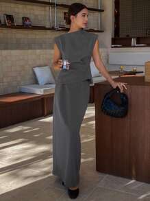 Livesso Old Money Casual Solid Color Pleated Tank Top + Long Skirt 2pcs Set For Women,Fall Clothes - Grey - View 7