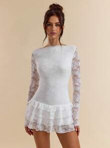 SHEIN BAE 勃艮第纯色优雅女士长袖花卉蕾丝边迷你连衣裙，适合约会之夜、俱乐部、生日派对、情人节 - 白色 - 查看 7