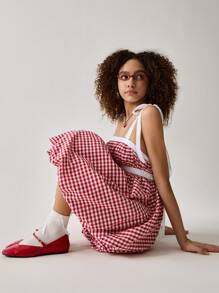 Easelle Women's Sweet Casual Vacation Red & White Checkered Bow Knot Mini Dress, Spring/Summer - Red and White - View 7