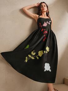 Anewsta 亮片花朵装饰无袖连衣裙，优雅新都市风格太阳裙，女士春夏装