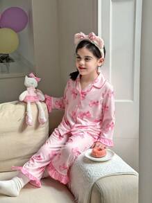 SHEIN Young Girls Pink Floral Pattern Collared Button-Up Shirt & Pants 2 Pieces Pajama Set,Summer Fairy Holiday Night Cotton Loungewear Sleepwear For Kids - White - View 3