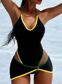 Swim SXY 女士优雅纯色细肩带彩色饰边半身裙两件套，春夏 - 黑色 - 查看 3