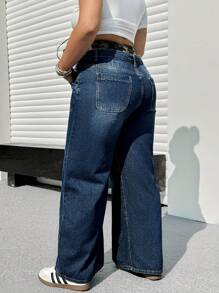 SHEIN EZwear Plus Size Blue Denim Wide Leg Casual Pants With Dual Waist Band Camouflage Print Elastic Waistband Vintage Denim Straight-Leg Baggy Pants Streetwear Pants - Blue - View 2