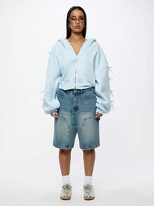 SUMWON WOMEN Moletom Cropped Premium de Verão da Society com Detalhe de Manga com Laço Decorativo, Moda Streetwear Casual, Moletom Esportivo Para Lazer, Vestuário de Outono e Primavera - Azul - Visão 3