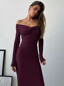 Aloruh 浪漫露肩网眼扭褶修身长袖女式连衣裙 - 紫羅蘭色 - 查看 5