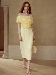 MOTF PREMIUM 3D 花卉露肩中长连衣裙 - 黃色 - 查看 7