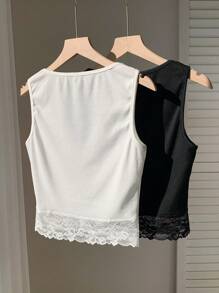 Comfortcana Women's Summer V-Neck Lace Trim Solid Color Tank Top, 2 Packs, Suitable For Daily Wear - Black and White - View 2