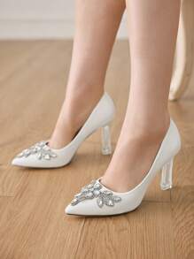 CUCCOO HITCHD Fashionable & Elegant Rhinestone Decor Pointed Toe High Heel Pumps Spring Shoes Spring Break Easter Prom Heels - White - View 8