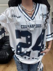 Coolane 男女大尺碼夏秋街頭風復古運動賽事日騎行休閒網眼寬鬆印花藍白V領棒球球衣T恤 - 白色 - 查看 8