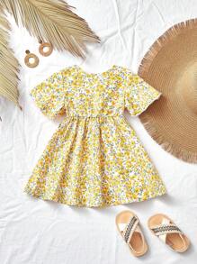 SHEIN Mother-Daughter Matching Floral Print Dress Set For Summer Vacation - Yellow - View 2