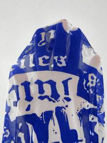 SHEIN MOOSTA Plus Size Women Fashionable Sexy All-Over Print Sheer Mesh Cropped Top - Blue - View 5