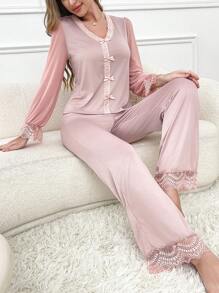 2pcs Women V-Neck Lace Romantic Pajama Set - Dusty Pink - View 3