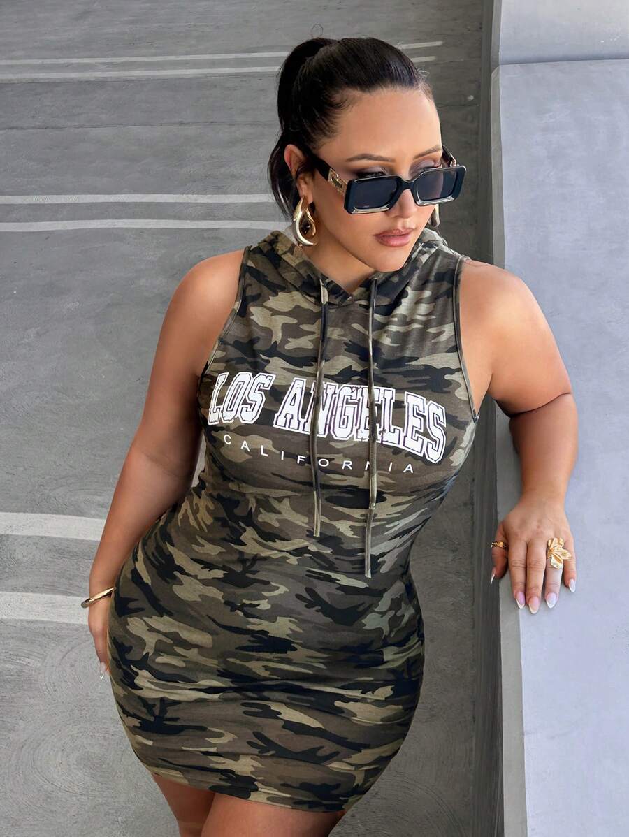 SHEIN EZwear 大码女式针织迷彩绿色紧身连衣裙（夏季） - 軍綠色 - 查看 1