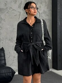 SHEIN EZwear 大码纯色前扣长袖连体衣 - 黑色 - 查看 4