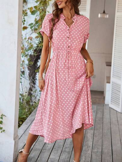Breezaya Polka Dot Print Half Button Knot Front Dress Maxi Vacation Beach Outfits Dam