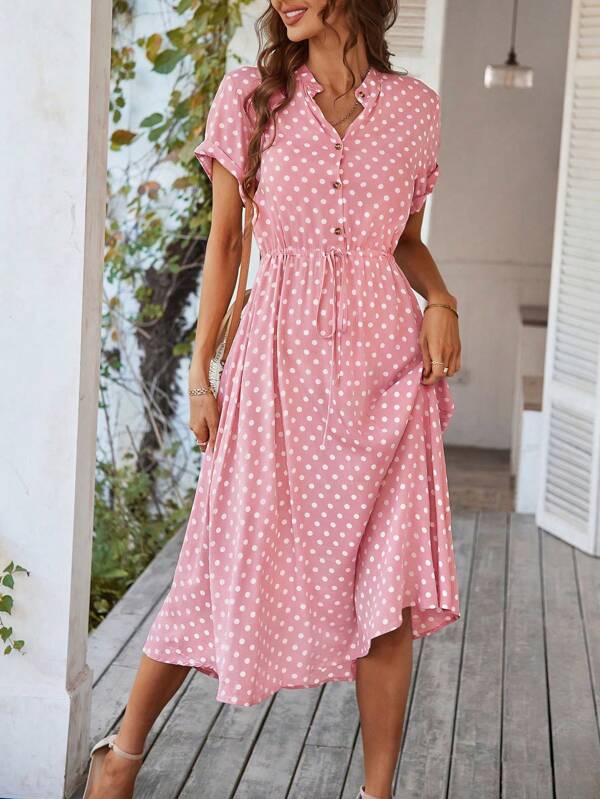 Breezaya Polka Dot Print Half Button Knot Front Dress Maxi Vacation Beach Outfits Women