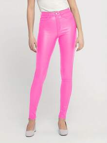 MYOURSA 弹力涂层仿皮紧身裤，七分打底裤，适合派对、街头风、夜店装扮，亮粉色，春季百搭 - 粉色 - 查看 3