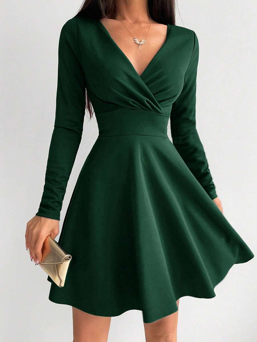 EURMUSE Solid Surplice Neck Dress - Green - View 1
