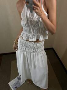 DAZY 女士度假风无袖露脐上衣和纯色半身裙两件套，荷叶边家居服套装 - 白色 - 查看 6