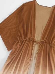 SHEIN Swim Ombre Drawstring Waist Batwing Sleeve Sheer Kimono Cover Up For Vacation & Beach For Summer - Khaki - View 5