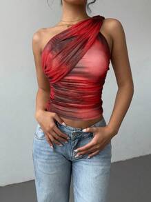 Aloruh Women's Elegant Sexy Tie Dye Print Mesh Rouched Tie-Front Cropped Top, Sleeveless Y2K Clothing Cold Shoulder Top - Red - View 6