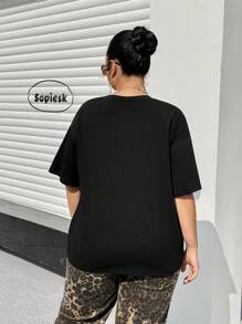 SHEIN EZwear Plus Size Casual Loose Short Sleeve Printed Black T-Shirt,Summer Everyday For Women,Beach Brunch,Spring Break,Concert,Rave Festival,Country Concert - Black - View 2