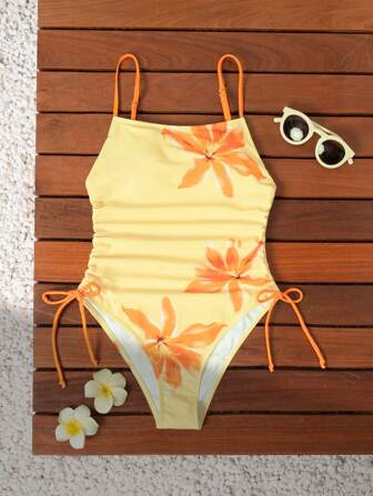 Swim Mod New Summer Women's Pastel Yellow Floral Print Cami Side Drawstring One-Piece Swimsuit