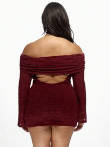 MISSGUIDED PLUS Abito mini con spalle scoperte e pizzo, taglia comoda, per feste, club, notti, maniche lunghe, scollo Bardot, occasioni speciali, aderente, adatto per l'inverno e l'autunno - Bordò - Visualizzare 2
