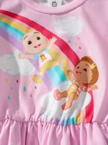 CoComelon X SHEIN 2pcs/Set Baby Girl Rainbow Cloud & Friends Pattern Cap Sleeve Top And Rainbow Striped Leggings Summer Outfit - Multicolor - View 5