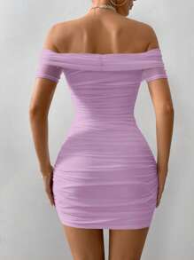 SHEIN Privé Women Open Shoulder Short Sleeve Beaded Ruched Bodycon Mini Dress - Lilac Purple - View 2
